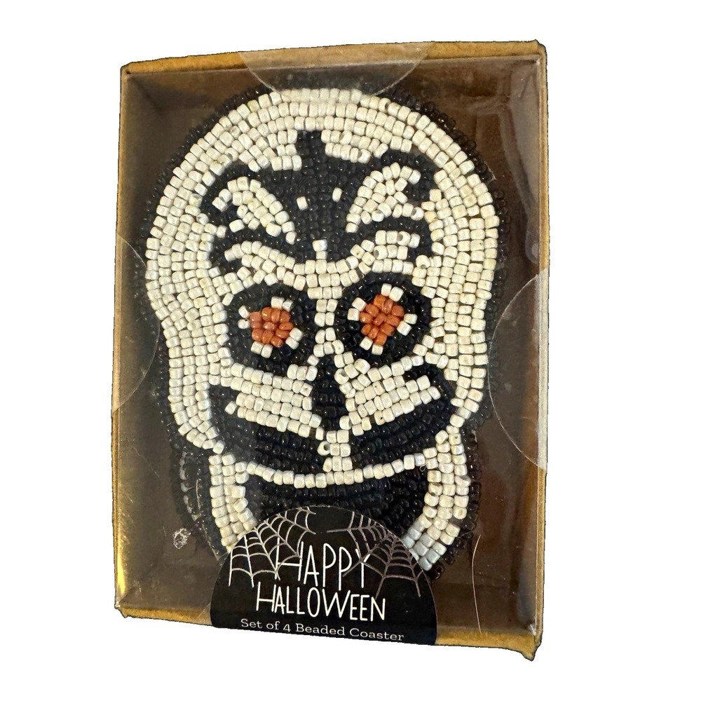 Happy Halloween Skull Beaded Coaster Set of 4 Handcrafted Polyester
